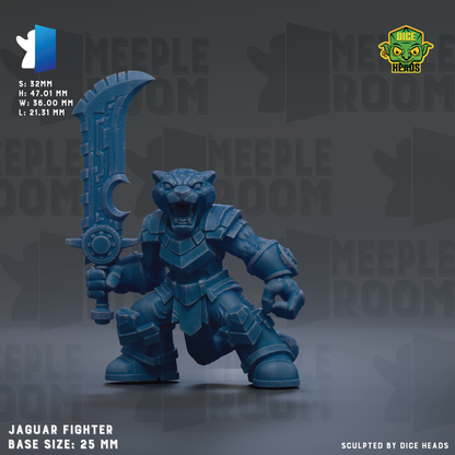 A blue figurine of a Jaguar fighter character, with a sword in its hand, is shown against a dark background.