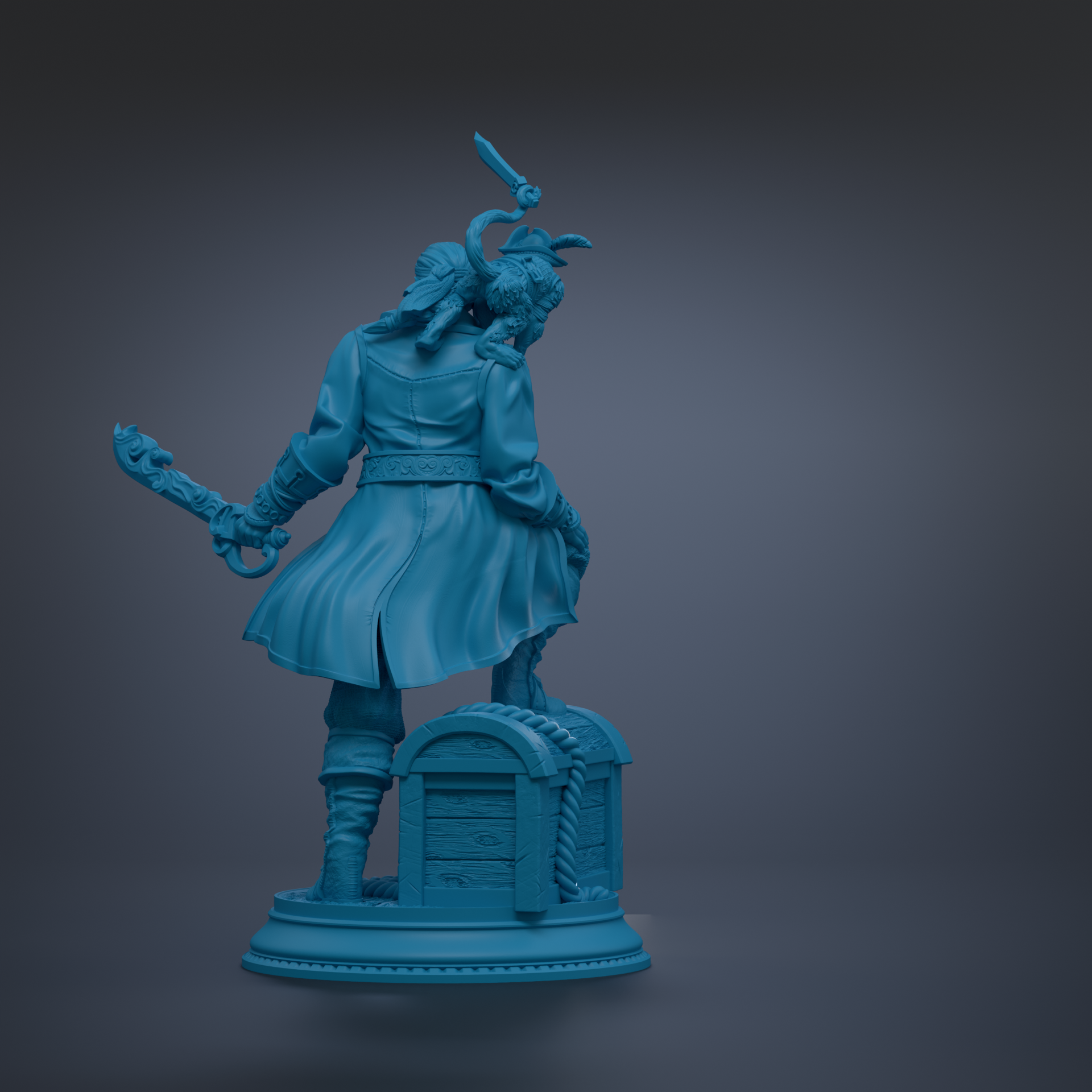 A blue statue of a pirate standing on a pedestal, holding a sword and a shield.