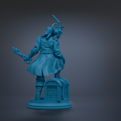 A blue statue of a pirate standing on a pedestal, holding a sword and a shield.