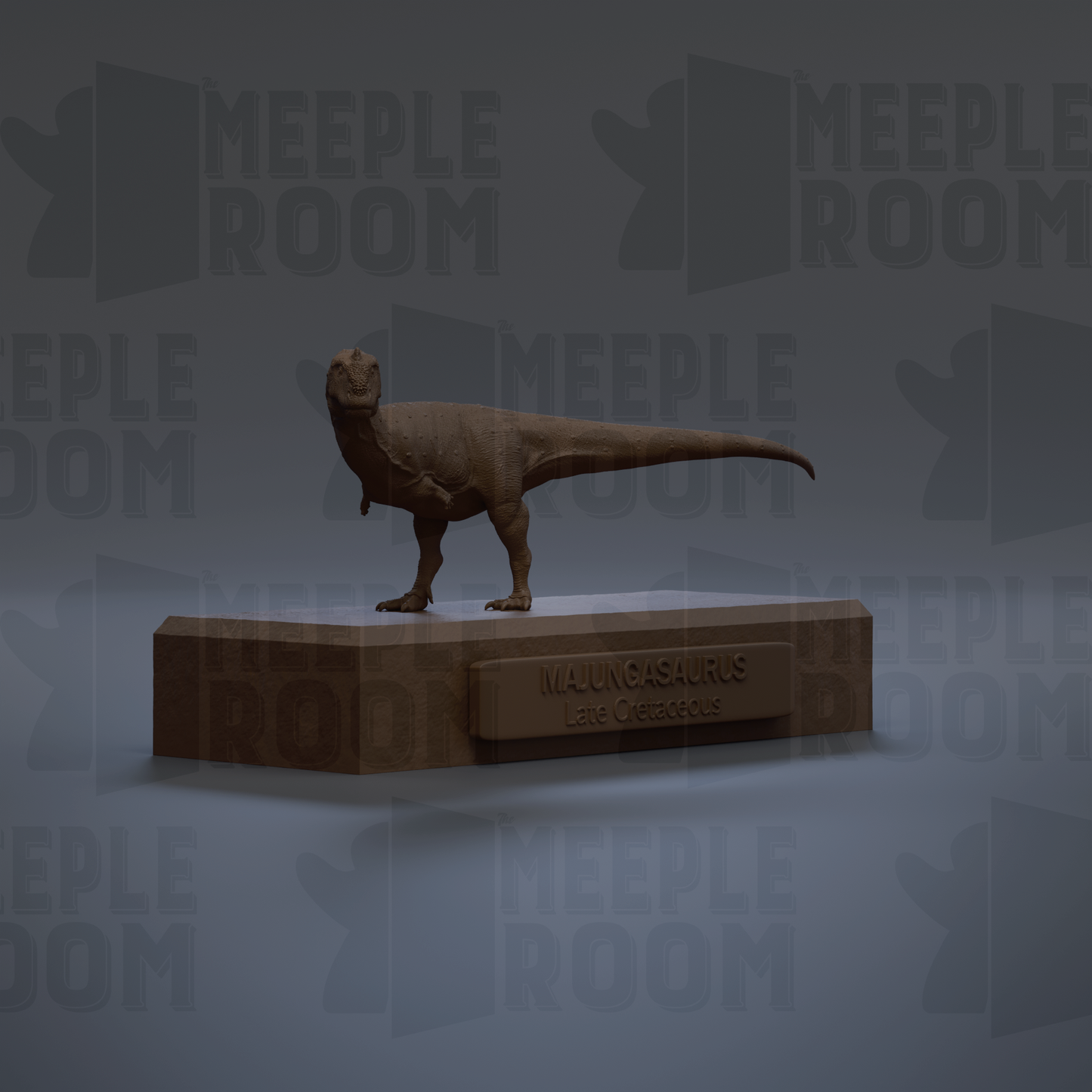 A 3D rendering of a meekasaurus, a late Cretaceous dinosaur, standing on a platform.