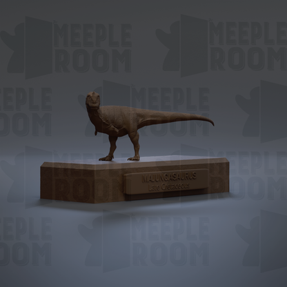A 3D rendering of a meekasaurus, a late Cretaceous dinosaur, standing on a platform.
