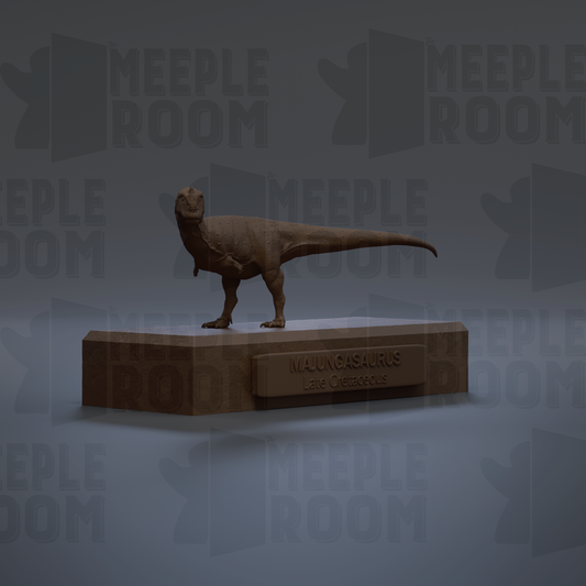 A 3D rendering of a meekasaurus, a late Cretaceous dinosaur, standing on a platform.