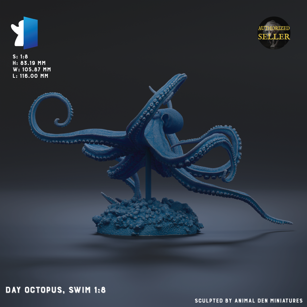 A 3D printed model of a Day Octopus, a blue sea creature, is shown in the image.
