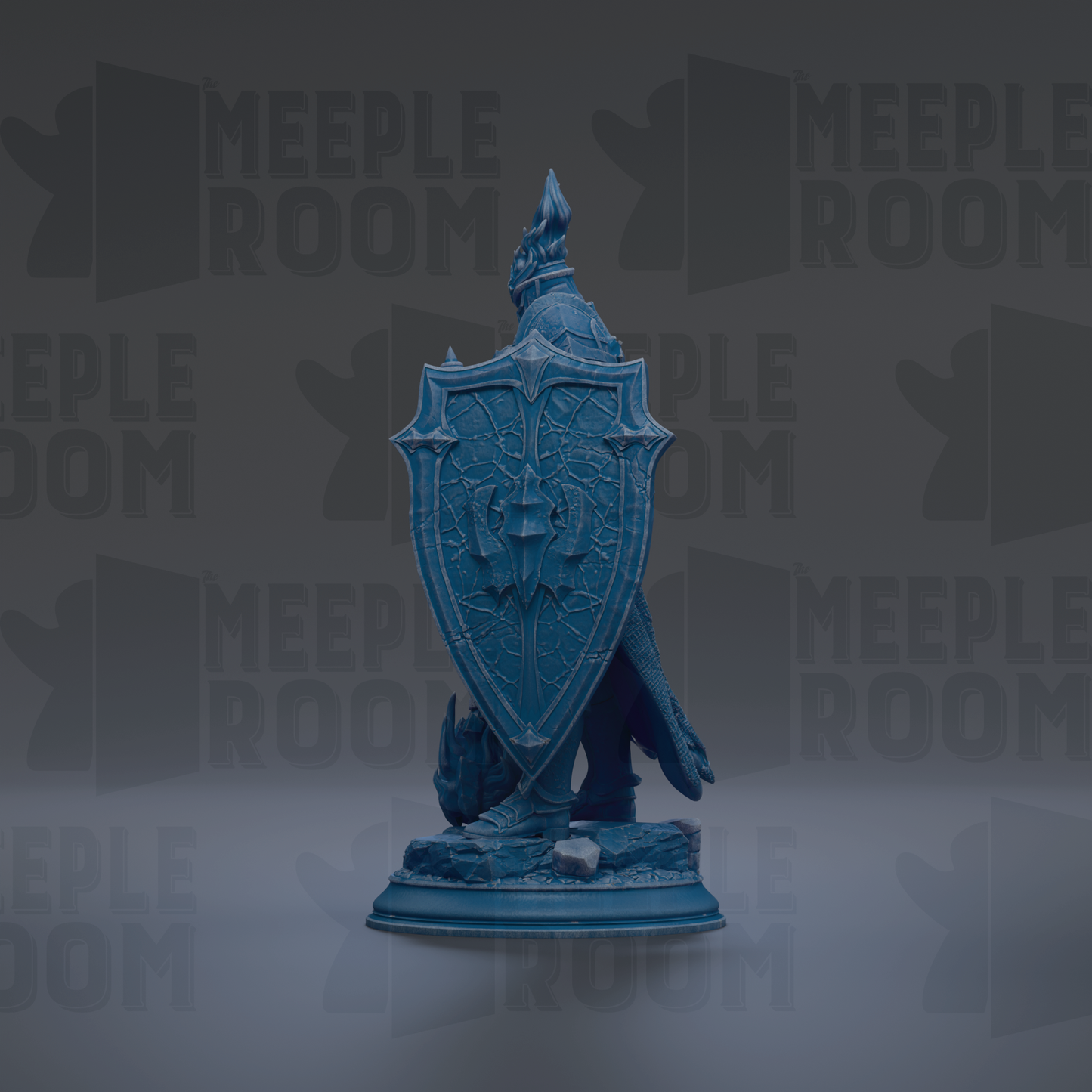 A blue shield-like object with a design on it, standing on a base.