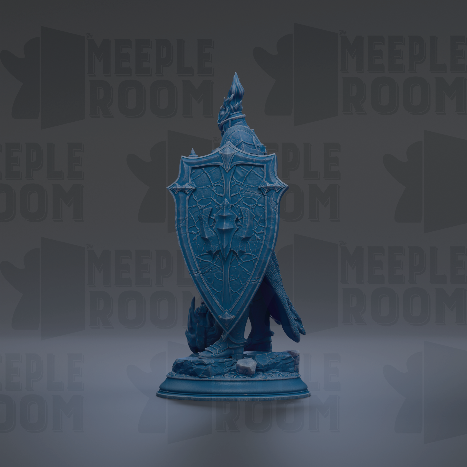 A blue shield-like object with a design on it, standing on a base.