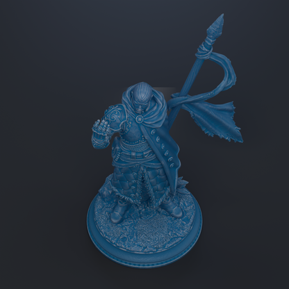 A 3D rendering of a blue-colored warrior figure holding a spear and standing on a base.