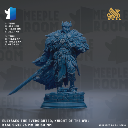 a statue of a knight in blue armor, standing on a pedestal and holding a sword. The statue is of the size of 25mm or 60mm, depending on the perspective. The background of the image is dark, which contrasts with the knight's blue armor and makes the statue stand out. The image does not contain any text or additional objects, and the knight is the main focus of the image.