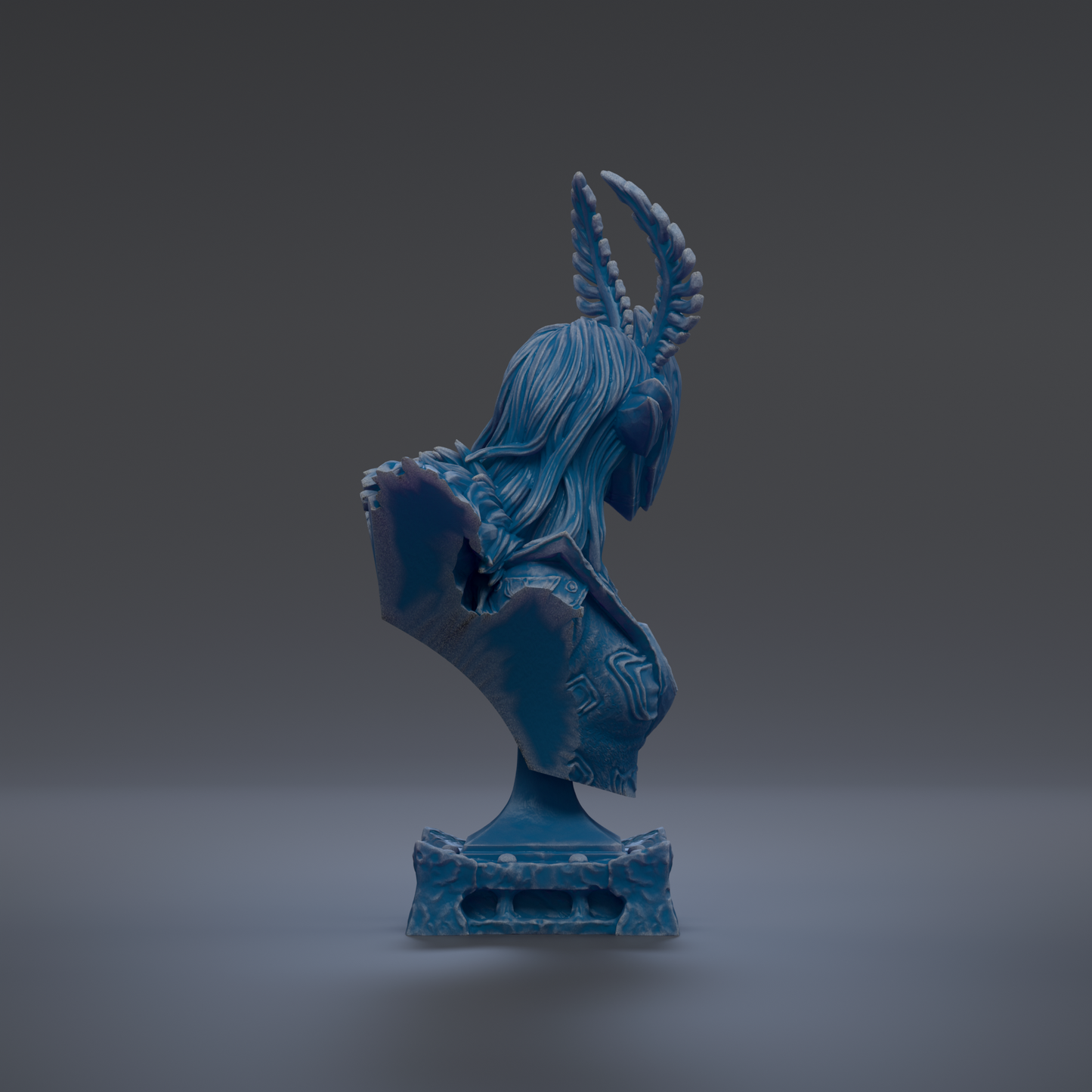 A blue bust sculpture with horns and a flowing, textured design stands against a dark background.