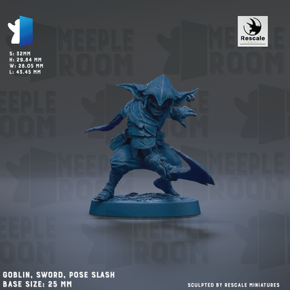 a blue figurine of a character with a sword, dressed in a hooded outfit, and appears to be a sculpted piece. The figurine is set against a dark background with the text "MEEPLE ROOM" repeated multiple times. The base sizes of the figurine are 25mm, 29.84mm, and 43.45mm. The image is described as a "GOBlin, Sword, Pose Slash" and is "Sculpted by RESCALE MINIATURES".