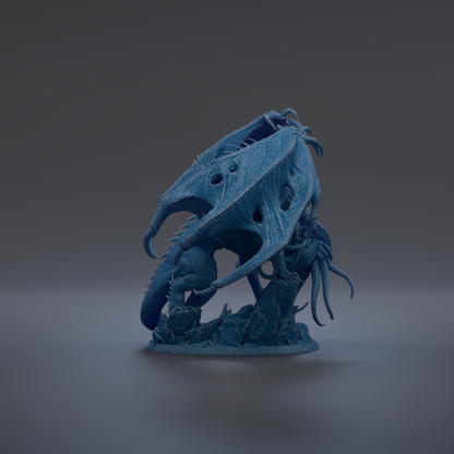 A 3D rendering of a blue dragon-like creature with intricate scales and sharp teeth, standing on a rock formation against a dark background.