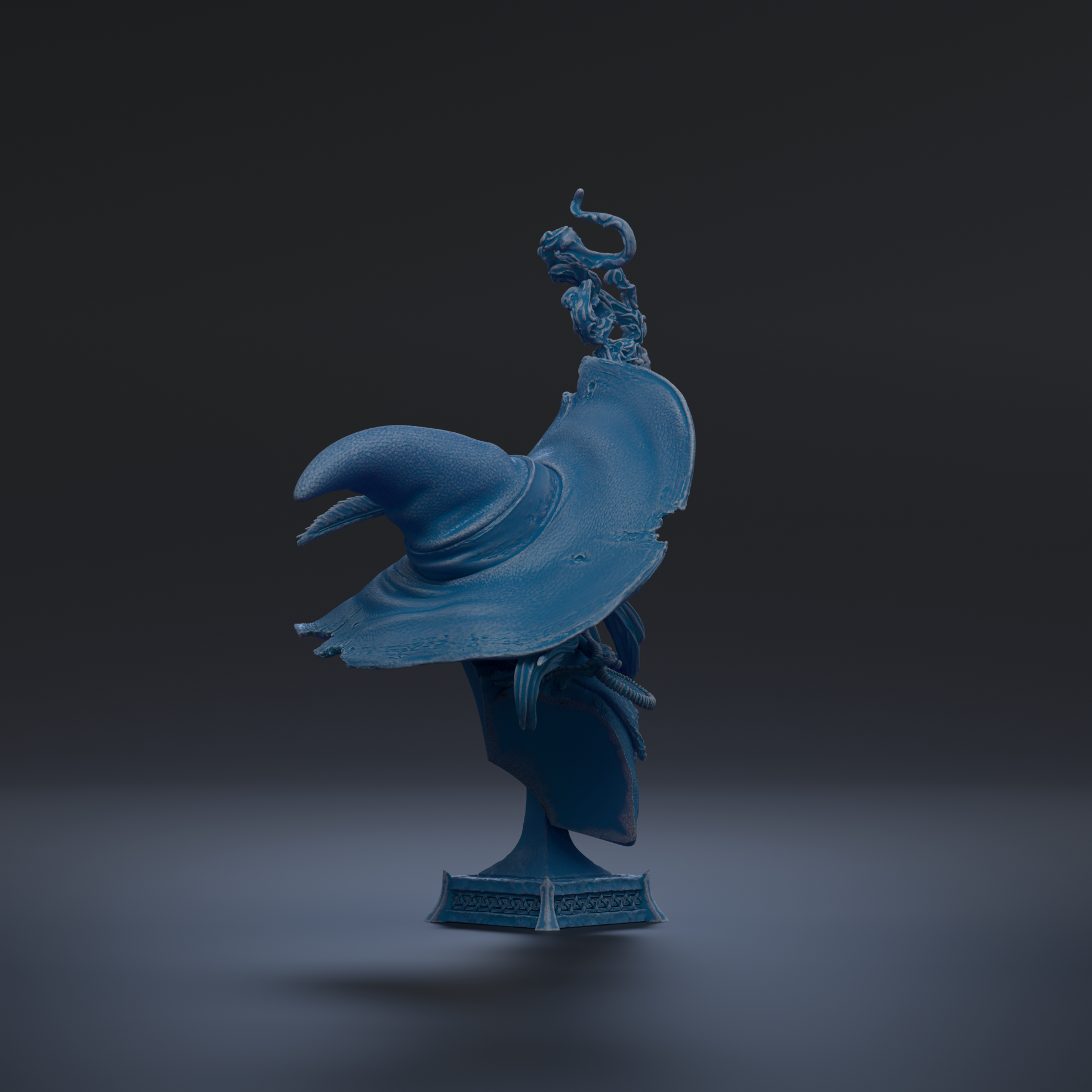 A blue, 3D-rendered statue of a wizard's hat stands on a pedestal against a dark background.
