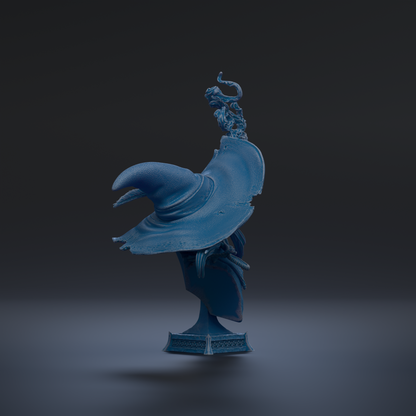 A blue, 3D-rendered statue of a wizard's hat stands on a pedestal against a dark background.