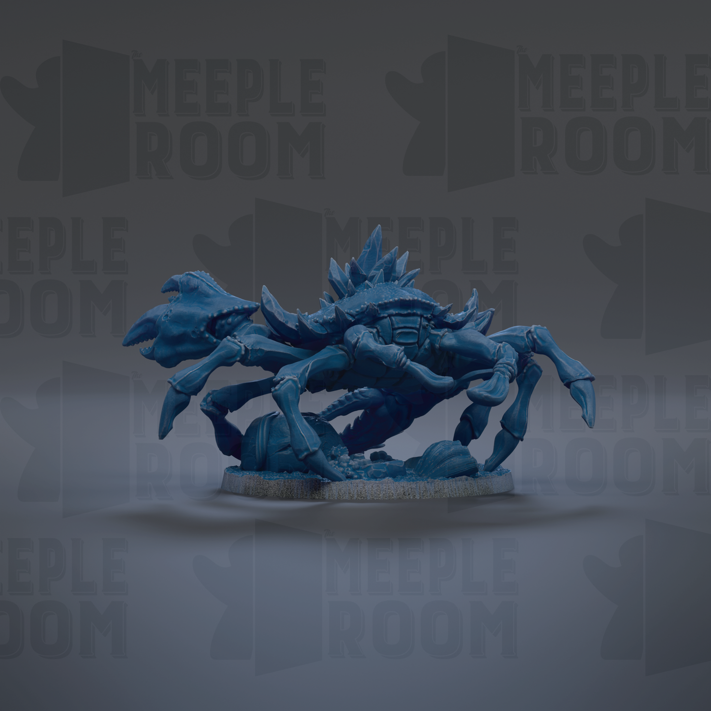 A 3D rendering of a blue, clawed creature resembling a crab or spider, set against a dark background with repeated text.