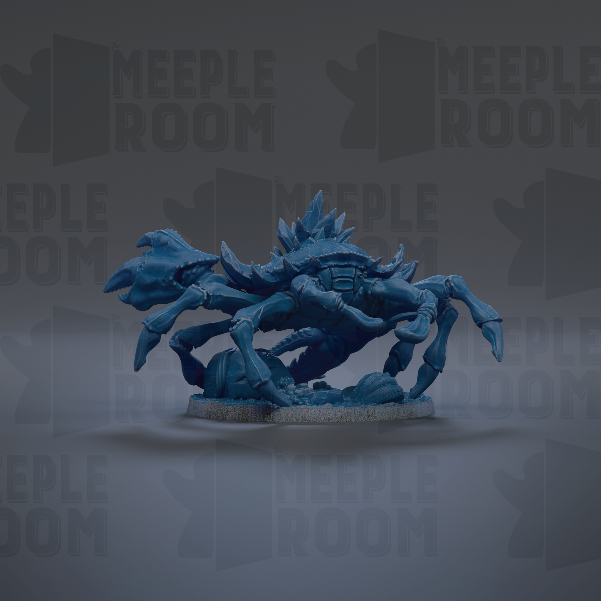 A 3D rendering of a blue, clawed creature resembling a crab or spider, set against a dark background with repeated text.