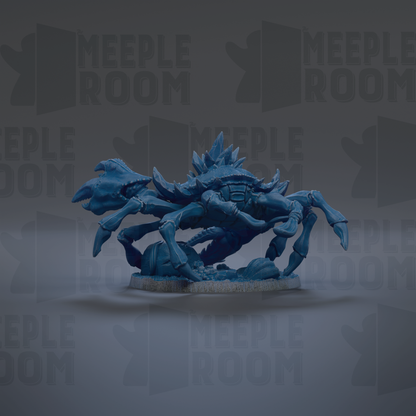 A 3D rendering of a blue, clawed creature resembling a crab or spider, set against a dark background with repeated text.