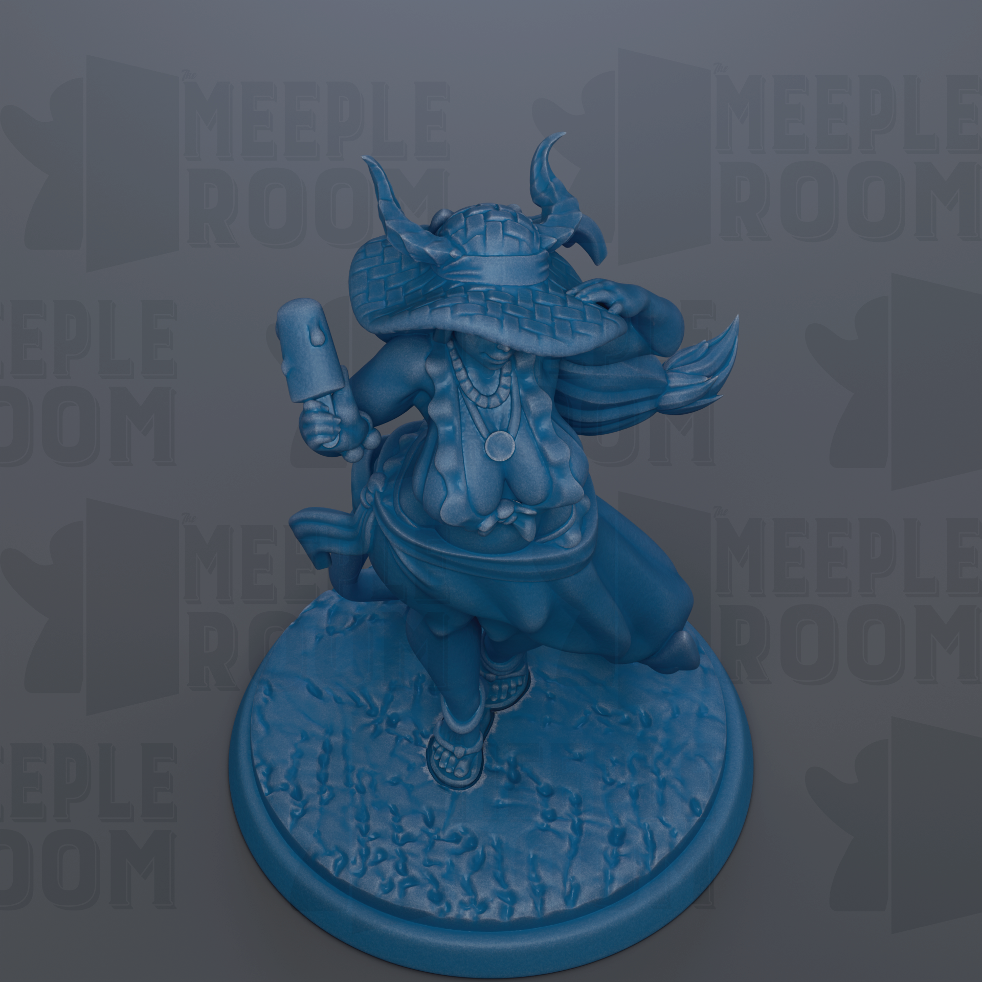 A blue figurine of a character with horns and a hat, holding a weapon, is displayed on a circular base against a gray background with repeated text.