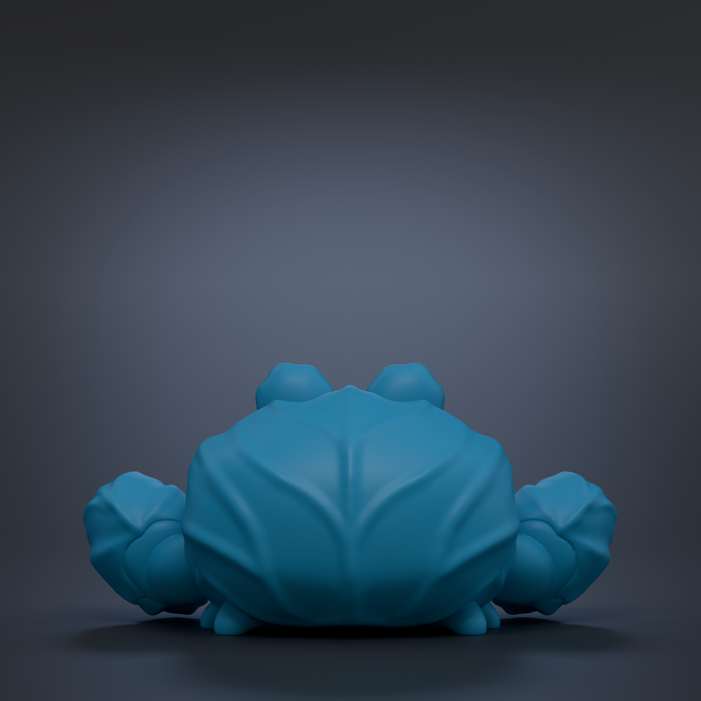 A blue, leaf-like creature with two arms is shown against a dark background.