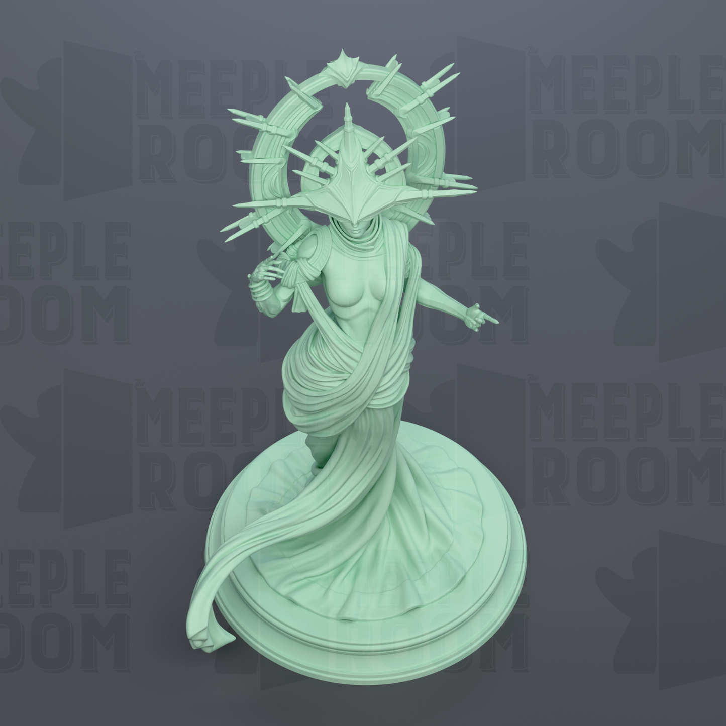 A green statue of a female figure with a crown and flowing robes, standing on a pedestal.