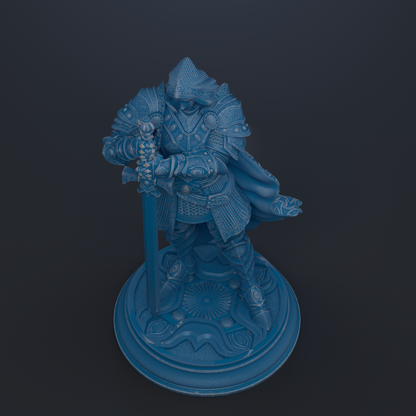 A blue statue of a warrior figure holding a sword and shield, standing on a circular base.