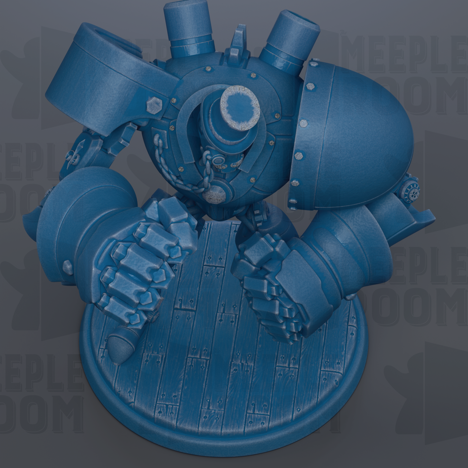 A blue, mechanical toy or figurine with various mechanical components and features, such as gears, pipes, and other mechanical parts, is depicted in the image.