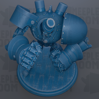 A blue, mechanical toy or figurine with various mechanical components and features, such as gears, pipes, and other mechanical parts, is depicted in the image.