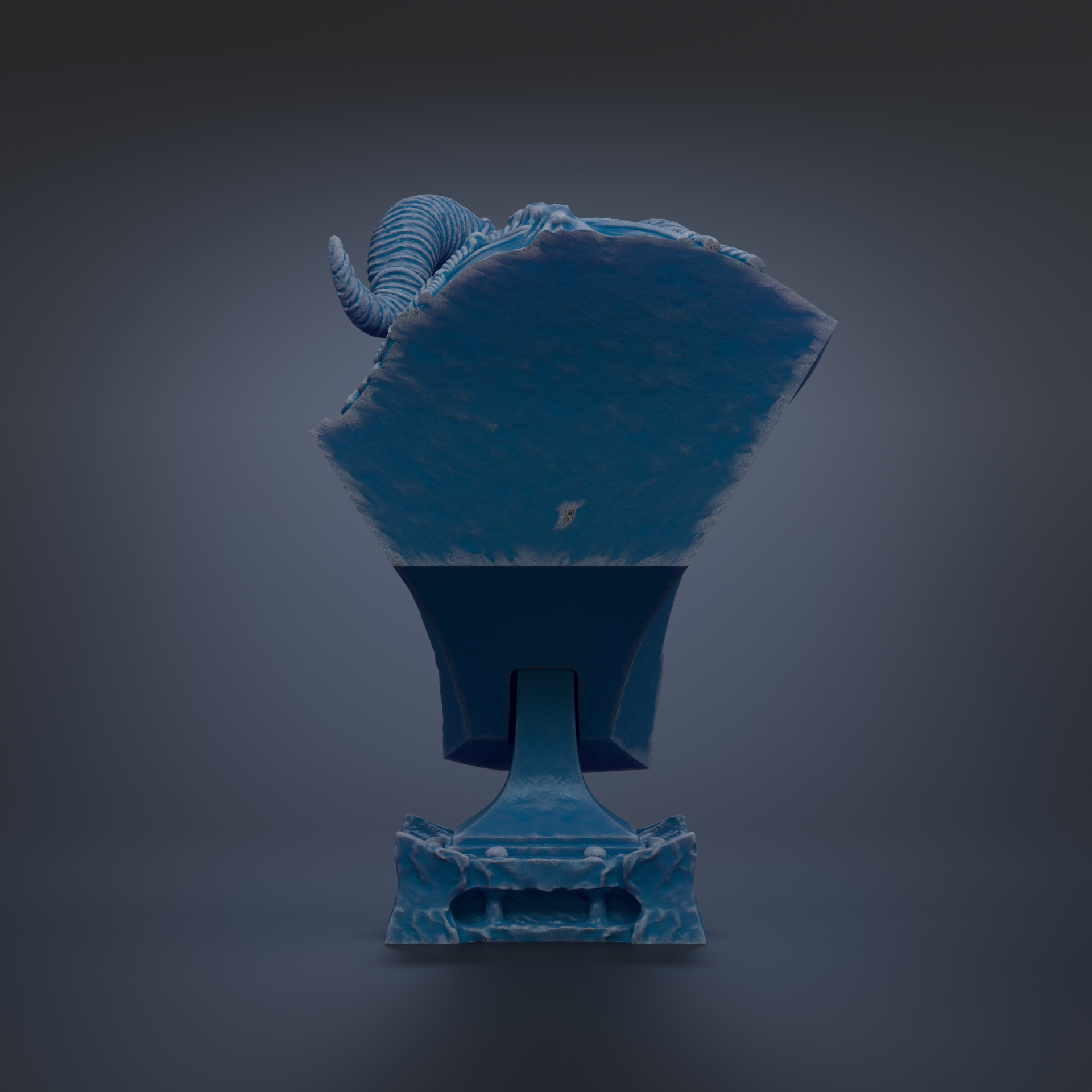 A blue, sculptural object with a curved, textured surface and a small, pointed feature on top, set against a dark background.