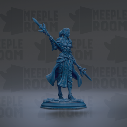 A blue figurine of a female warrior standing on a pedestal, holding a sword and shield, against a dark background with repeated text.