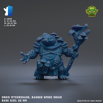 The image is a 3D rendering of a figurine of a badger, specifically a Badger Spore Druid, with a detailed and intricate design. The figurine is shown in a dynamic pose, holding a staff and a staff-like object. The base size of the figurine is 25mm.