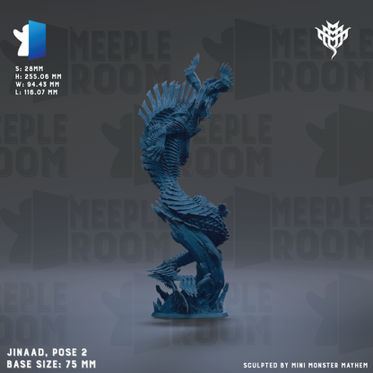 a blue, intricate sculpture of a dragon-like creature with a large head and long neck, standing on a rock formation. The sculpture is positioned in the center of the image, and the background is a dark gray color. The image is described as a "collage of multiple images" and "MINI MONSTER MAYHEM" and is labeled with the base size of "7.5 mm" and the name "JINAAD, pose 2".