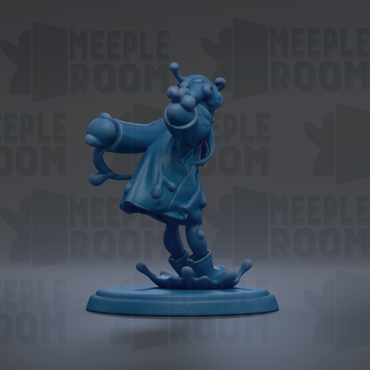A blue figurine of a character with a large head and round body, standing on a blue base and appearing to be in motion.