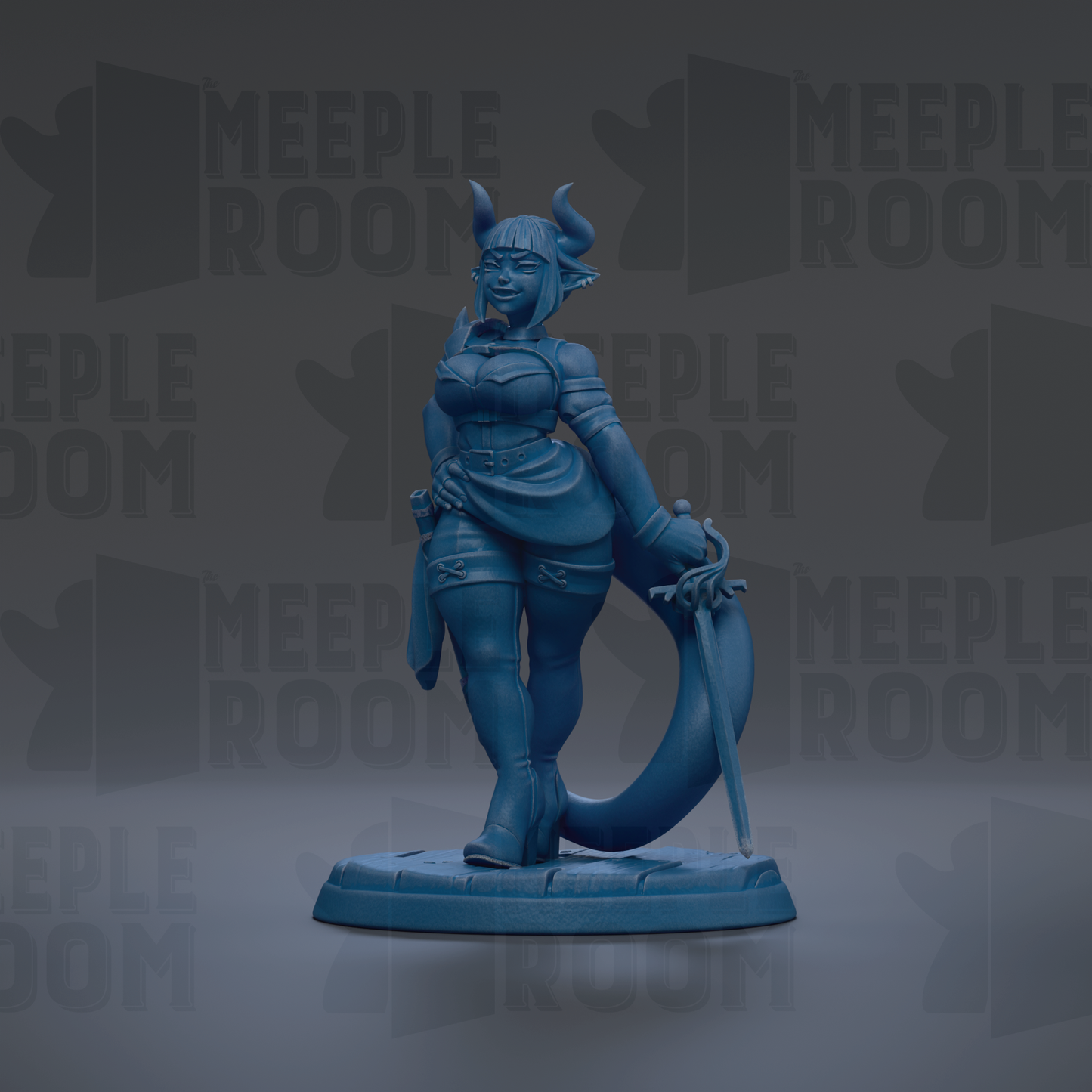 A blue figurine of a woman with horns, wearing a skirt and holding a sword, is the central focus of the image.