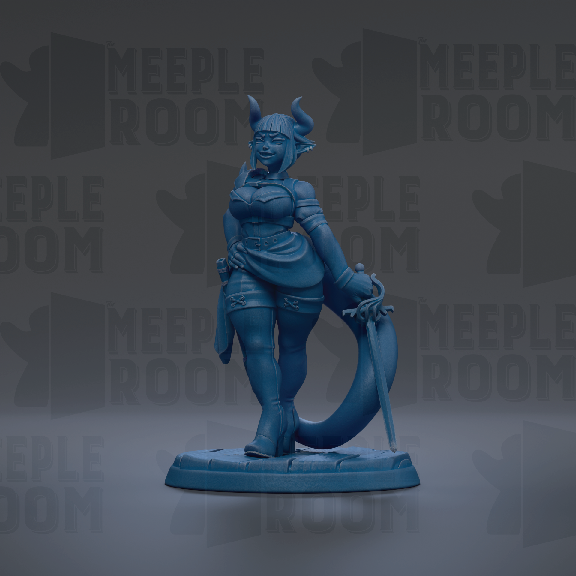 A blue figurine of a woman with horns, wearing a skirt and holding a sword, is the central focus of the image.