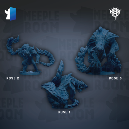 three blue figurines of fantastical creatures, each with a unique pose, arranged against a dark background.