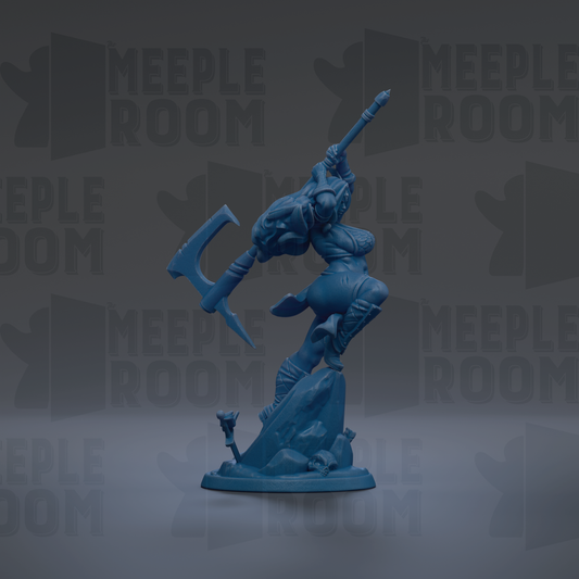 A blue figurine of a warrior wielding a sword and shield, standing on a rock formation against a dark background with repeated text.