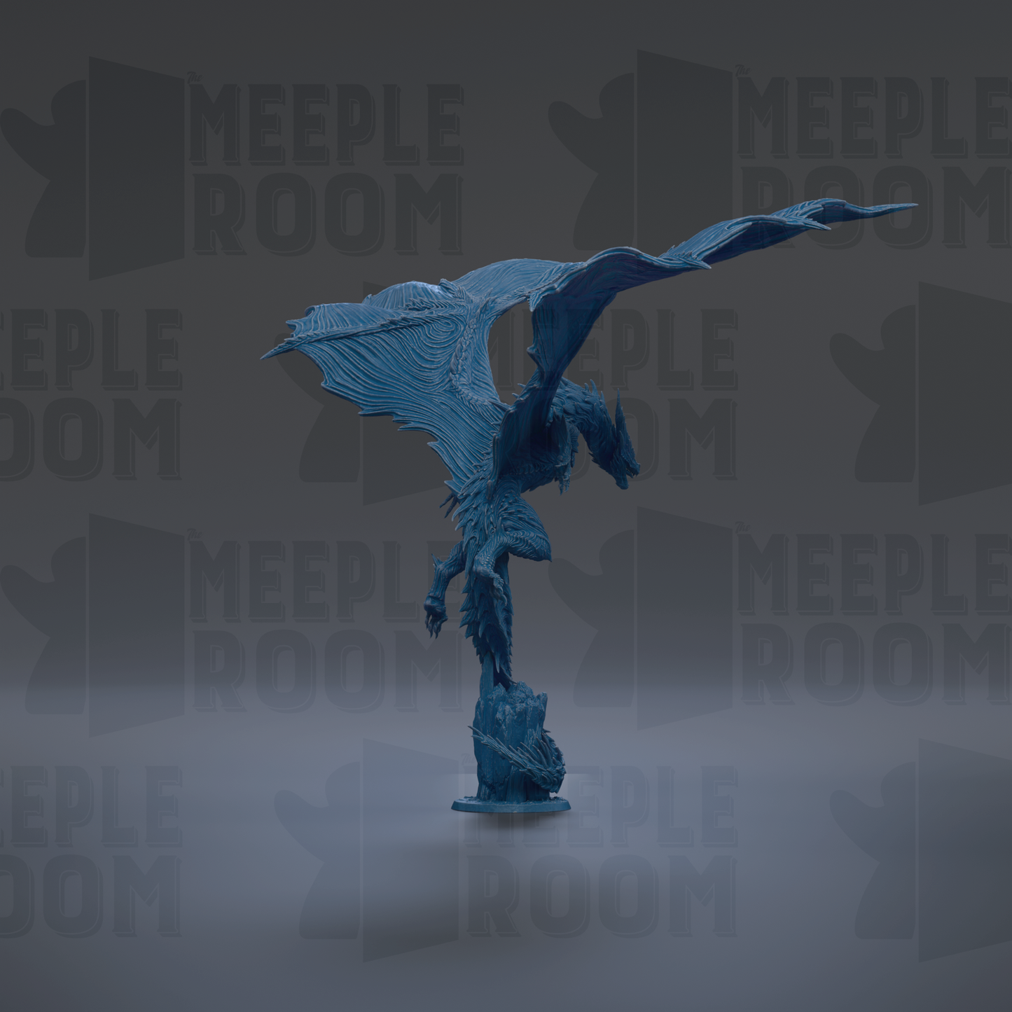 A blue dragon statue with outstretched wings stands on a pedestal against a dark background with repeated "MEIPLROOM" text.