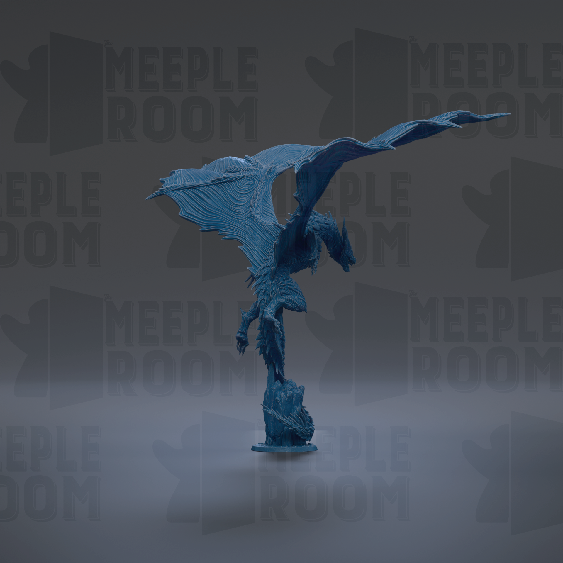 A blue dragon statue with outstretched wings stands on a pedestal against a dark background with repeated "MEIPLROOM" text.
