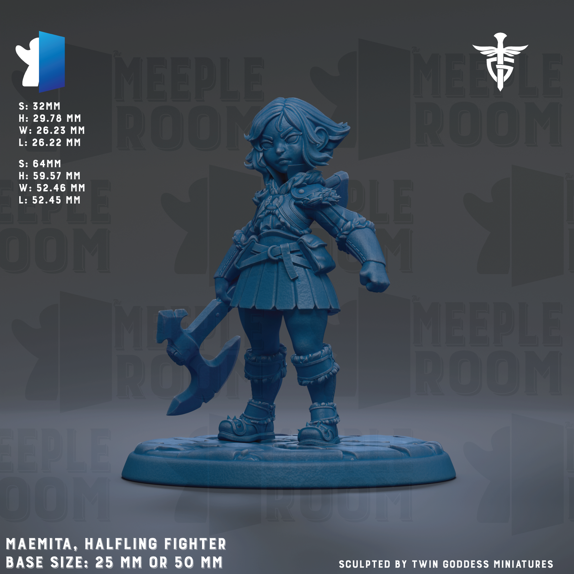 The image is a 3D model of a halfling fighter character, specifically the Maeaita, from the Meeple Room series. The character is depicted in a fighting stance, holding a weapon, and is shown in various base sizes ranging from 25 to 50 millimeters. The image is a 3D rendering of the Maeaita, and it is described as being sculpted by Twin Goddess miniatures.