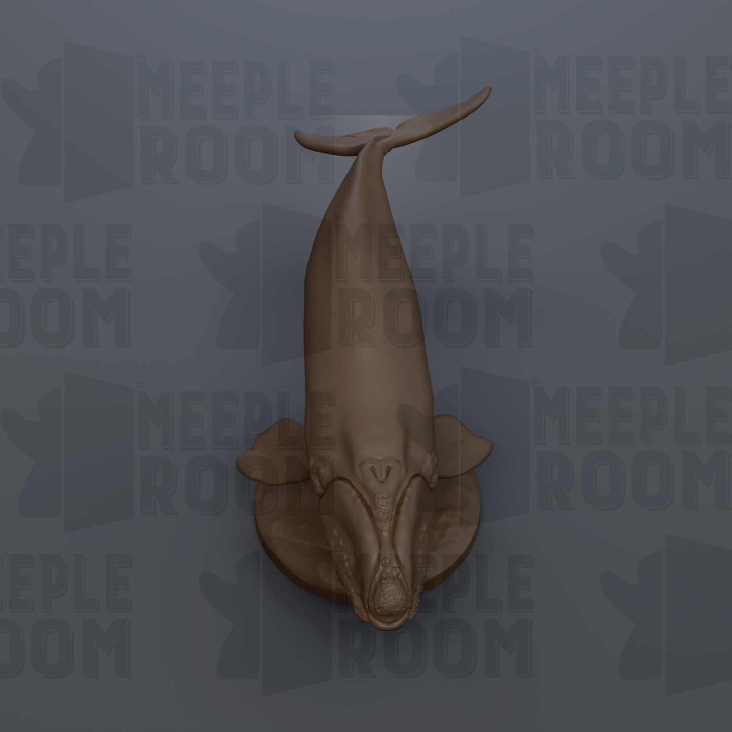 a 3D rendering of a whale sculpture, with the text "MEEPLE ROOM" repeated in the background.