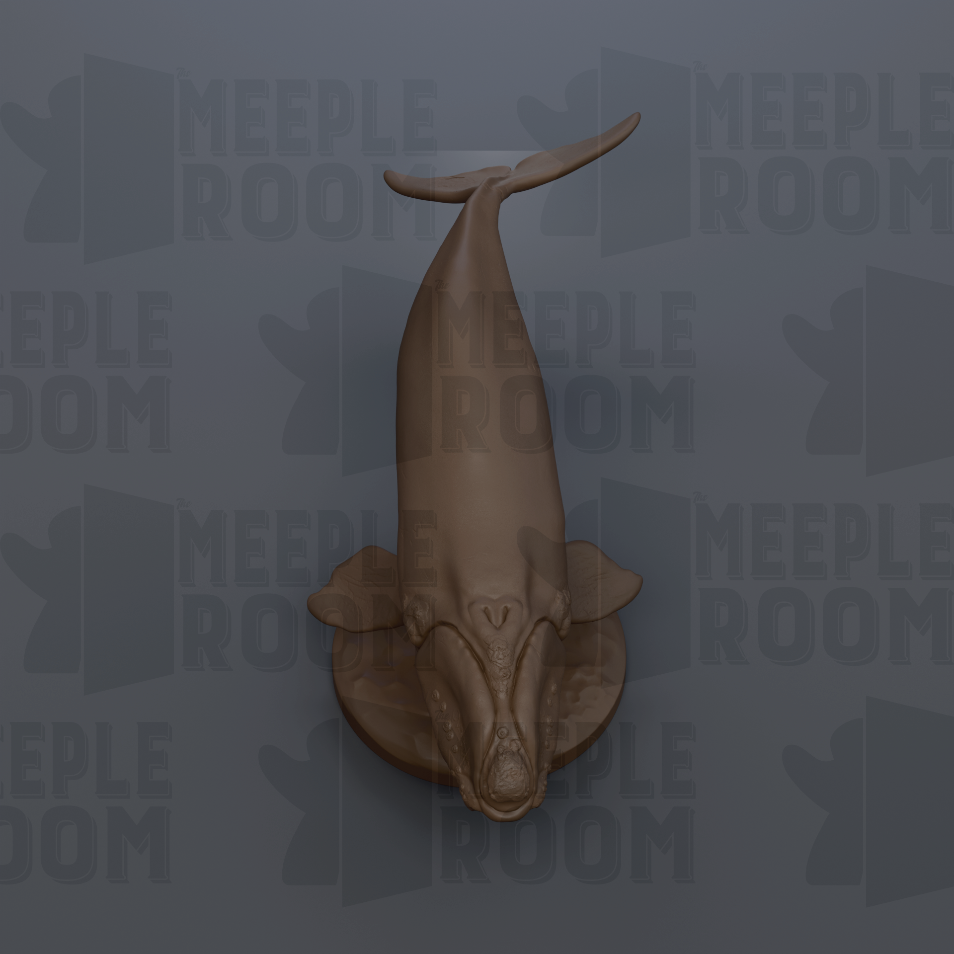 a 3D rendering of a whale sculpture, with the text "MEEPLE ROOM" repeated in the background.