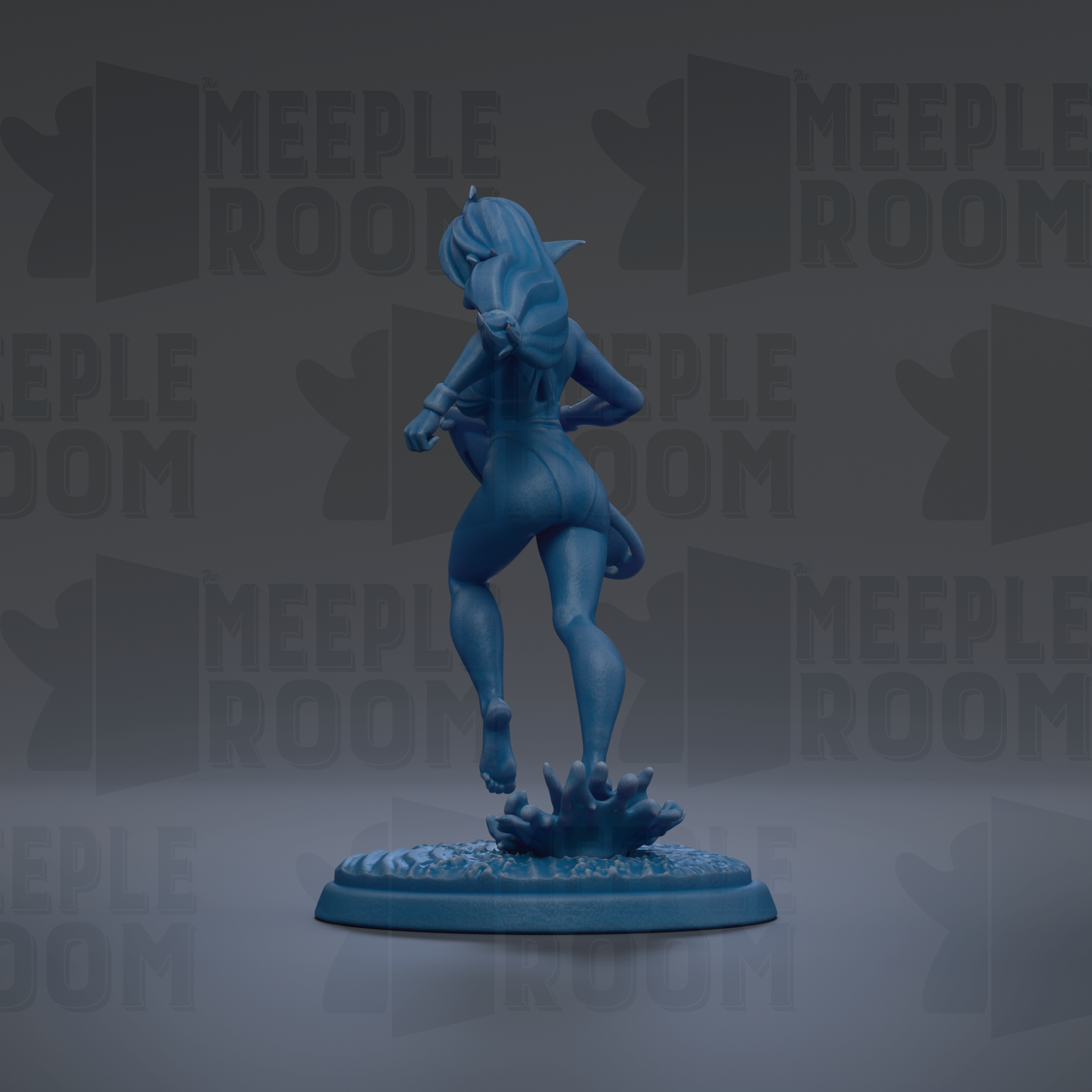 A blue figurine of a female character with long hair and a flowing skirt, standing on a blue base with a splash effect.