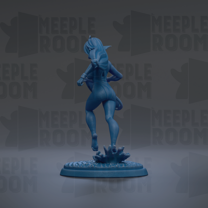A blue figurine of a female character with long hair and a flowing skirt, standing on a blue base with a splash effect.