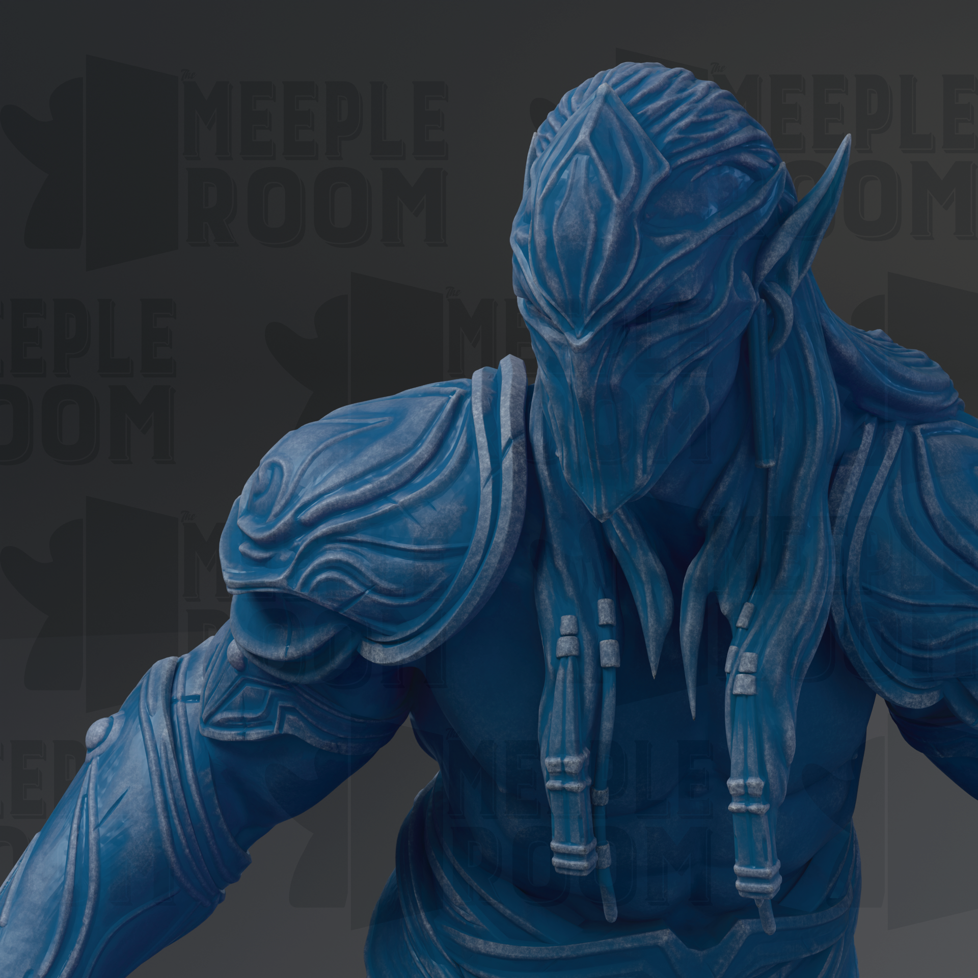 A detailed 3D rendering of a blue armored figure, likely a warrior or knight, with intricate armor and a fierce expression.