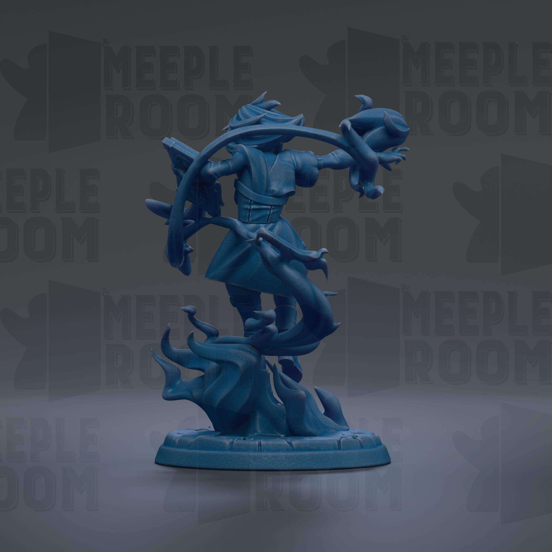 A blue figurine of a person with a sword and shield, standing on a base and holding a shield in their hand.