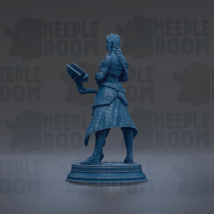 A statue of a person holding a book, standing on a pedestal against a dark background with repeated text.