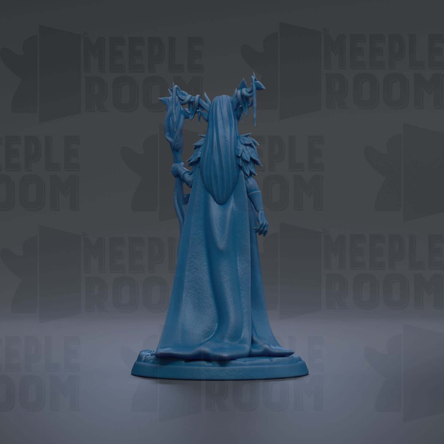 A blue figurine of a person with a long, flowing cape and a staff, standing against a dark background with repeated text.