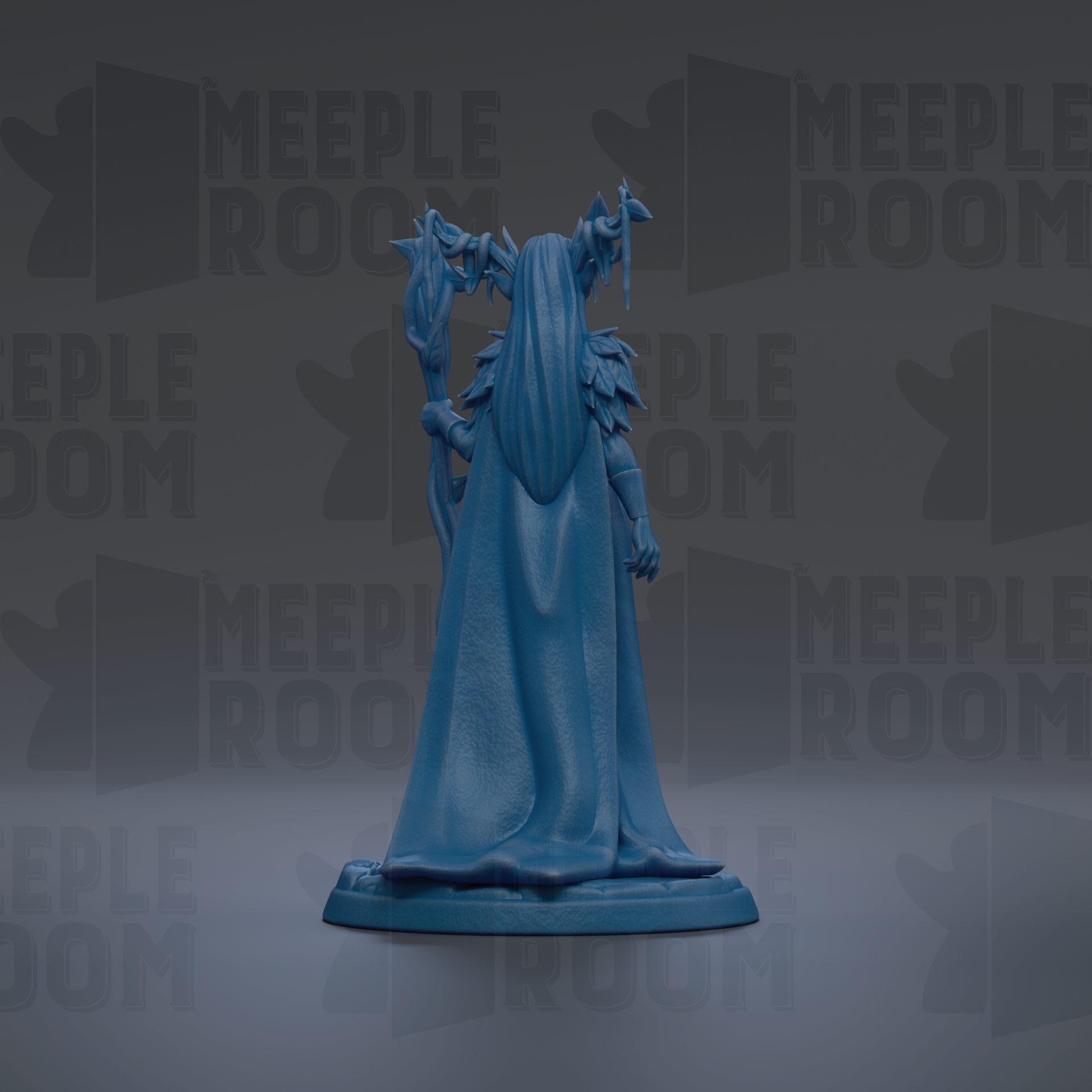 A blue figurine of a person with a long, flowing cape and a staff, standing against a dark background with repeated text.