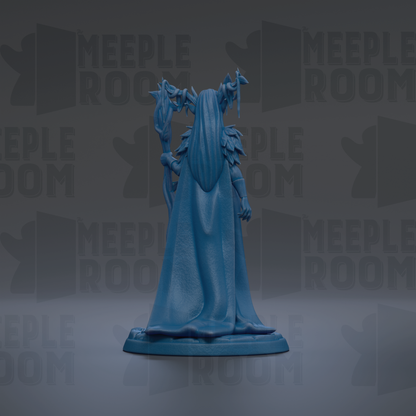 A blue figurine of a person with a long, flowing cape and a staff, standing against a dark background with repeated text.