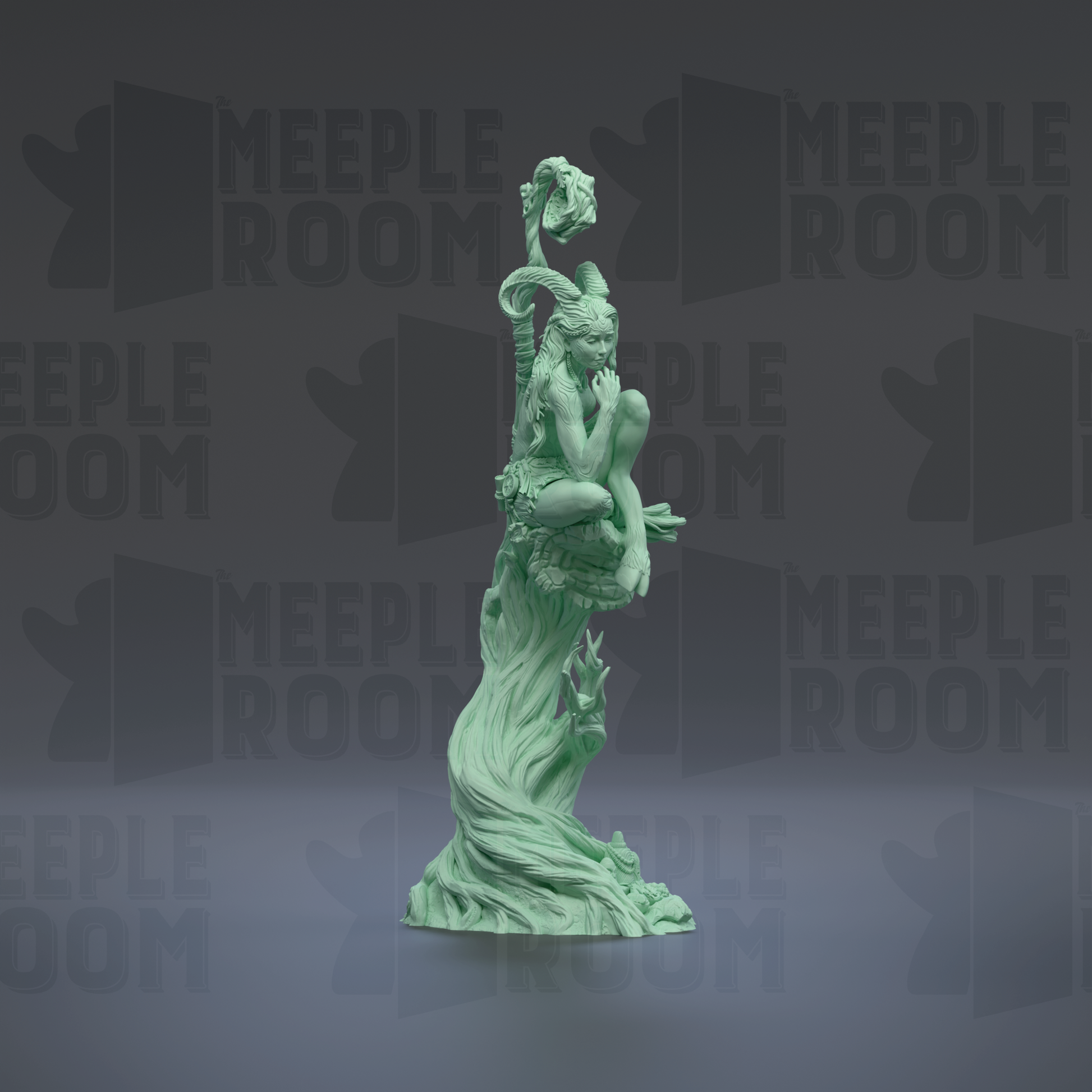 A green statue of a woman sitting on a branch, with a fish in her hand, against a dark background with repeated text.