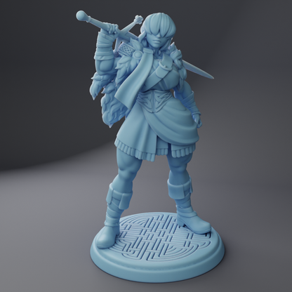 A 3D model of a female character with a sword, standing on a platform with a circular design.