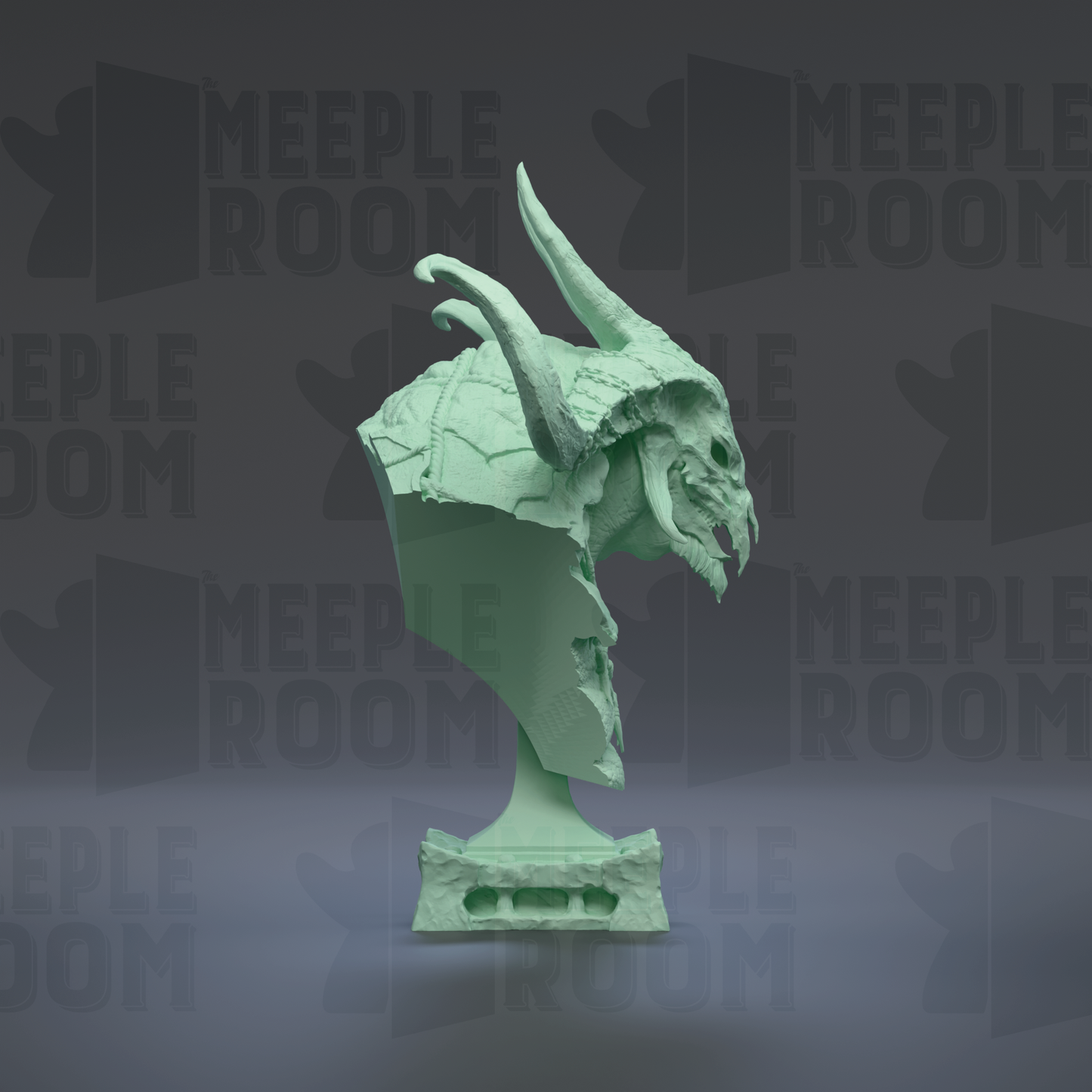 A green bust sculpture with horns and a skull-like face is displayed against a dark background with repeated text.